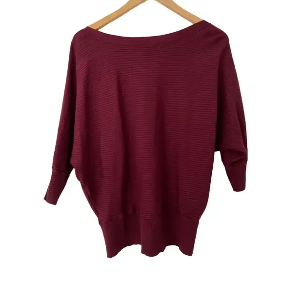 DYNAMITE RICH BURGUNDY BOATNECK BATWING RIB KNIT SWEATER, LARGE - Picture 2 of 10